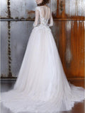 Long A-Line Long Sleeve Tulle Lace Plus Size Princess Elegant Wedding Dress