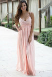 A-Line Spaghetti Straps Floor-Length Backless Sleeveless Pink Chiffon Lace Prom Dresses