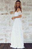 A-Line Off-the-Shoulder Short Sleeves Backless White Lace Boho Wedding Dresses