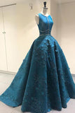 Vintage Lace Appliques Ball Gown Scoop Long Open Back with Pockets Prom Dresses