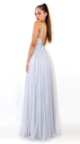 Light Grey Backless Spaghetti Straps Lace Tulle Long A-line V-Neck Prom Dresses