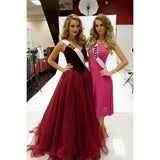 Charming V-Neck A-Line Organza Backless Strapless Noble Long Red Fashion Prom Dresses