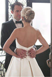 A-Line Sweetheart Strapless Backless Floor-Length Ivory Satin Wedding Dresses with Ruched