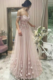 A-Line Off the Shoulder Pearl Pink Sweetheart Tulle Prom Dresses with Applique Beads