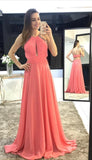 Charming Scoop A-Line Long Watermelon Chiffon Backless Sleeveless Prom Dresses