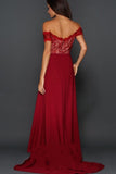 Burgundy A-Line Off-the-Shoulder Sleeveless Sweetheart High Split Lace Long Prom Dresses