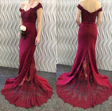 Off-the-Shoulder Burgundy Lace Appliques Long Mermaid Prom Dresses