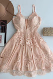 A-Line Spaghetti Straps Short Zipper-up Tulle Homecoming Dress with Appliques