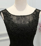 Chic A-Line Scoop Satin Black Lace up Sleeveless Long Flowers Prom Dresses