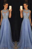 Sky Blue A Line Prom Dresses Tulle Skirt Lace Bodice Prom Gowns