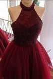 Burgundy A-line Halter Beading Backless Homecoming Dress