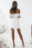 A-Line Spaghetti Straps Short White Lace Sleeveless Homecoming Dress with Ruffles