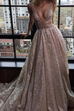 A-Line Deep V-Neck Court Train Open Back Sequined Prom Dress with Beading