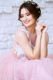 New Arrival Princess Scoop Neck Tulle with Appliques Lace Floor-length Pink Prom Dresses