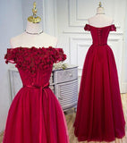 A-line Tulle Burgundy Short Sleeve Off-the-Shoulder Scoop Hand-Made Flower Prom Dresses