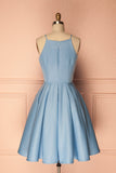 A Line Blue Halter Sleeveless Short Satin Knee Length Homecoming Dress