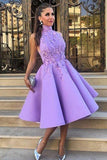 A-Line High Neck Tea-Length Sleeveless Purple Satin Homecoming Dress with Appliques