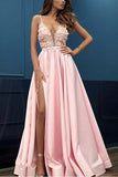 A Line Pink V Neck Sleeveless Spaghetti Straps High Slit Prom Dresses With Appliques PW366