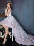 Charming Sweetheart Flowers Strapless Tulle Asymmetry Prom Dresses Wedding Dresses