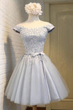 A-Line Off the Shoulder Short Sleeveless Scoop Grey Tulle Lace up Homecoming Dresses