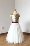 A Line Simple Light Gold Sequin Ivory Tulle Scoop Flower Girl Dress with Burgundy Sash