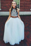 Embroidery Two Piece White Prom Dresses Two Pieces Pageant Gowns