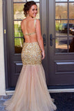 Scoop Floor-Length Tulle Sequins Sleeveless Backless Beading Prom Dresses