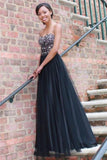 Long Black Sexy Tulle Strapless Lace up Sweetheart A-Line Beads Prom Dresses