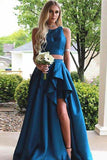 A Line Red Two Piece Satin Scoop Neck A-line Sweep Train Split Front Prom Dresses