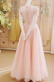 Charming A-Line Appliques Tulle Sexy Long Pink Floor-Length Prom Dresses