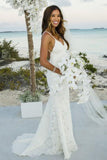 Mermaid Spaghetti Straps Sweep Train Ivory Sleeveless Lace Backless V-Neck Wedding Dress