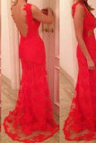 Charming Mermaid Red V-Neck Prom Dress Lace Party Dress