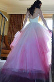 Chic A Line Sweetheart High Low Ombre Organza Long Sleeve V Back Wedding Dress