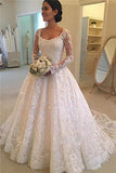 A Line Lace Applique Long Sleeve Sweetheart Covered Button Wedding Dresses