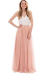 Cheap Junior Off Shoulder Scoop Neck White Blush Pink Tulle Long Bridesmaid Dresses