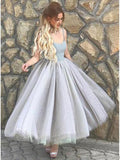 Elegant A Line Spaghetti Straps Sweetheart Tulle Grey Tea Length Homecoming Dresses