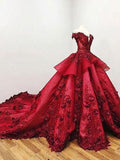 Chic Ball Gown V Neck Beads Appliques Red Off-the-Shoulder Long Prom Dresses