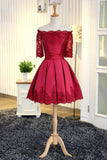 A Line Short Sleeves Satin Lace Appliques Lace up Scoop Short Prom Dress Homecoming Dresses