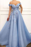 A Line Blue Off the Shoulder Tulle Lace Sweetheart 3D Flowers Prom Dresses Formal Dress