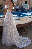 A-Line Unique White Spaghetti Straps Lace V-neck Long Off-the-Shoulder Prom Dresses