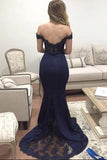 Mermaid Off-the-Shoulder Sweep Train Navy Blue Appliques Satin Prom Dresses