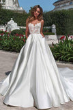 Satin Neckline A-line Open Back Lace Wedding Dress With Pockets Lace Appliques