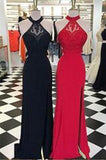 Charming Halter Red and Black Beaded Sleeveless A-Line Open Back Sexy Prom Dresses