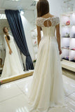 A-line Chiffon Long Beach Bateau Sweep Train Cap Sleeves Wedding Dress with