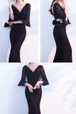 Elegant Black Lace Popular V-Neck Half Sleeve Sexy Mermaid Lace up Prom Dresses