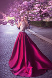 Romantic A-Line Jewel Rose Red Satin Round Neck Prom Dresses with Lace Appliques