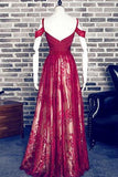 Red A-Line Sweetheart Burgundy Lace Long Off Shoulder Open Back Prom Dresses