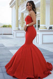 Red Chic Strapless Sleeveless Sweetheart Mermaid Satin Full-length Prom Dresses