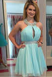 Green A-Line Sleeveless Halter Knee-Length Beading Chiffon Homecoming Dresses