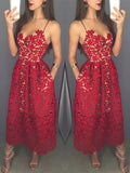 Mid-calf Red Lace Spaghetti Straps with Pockets Sweetheart Homecoming Dresses